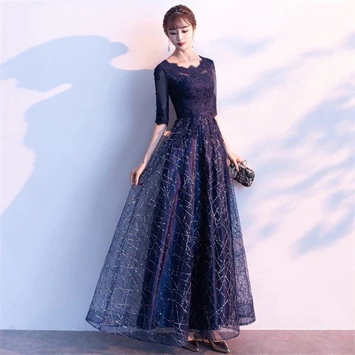 パーティードレス ロング丈 袖あり 結婚式ドレス マキシ丈 切り替え 紺色 パーティー お呼ばれ 発表会 演奏会 成人式 二次会 エレガント 大人 20代 30代 40代