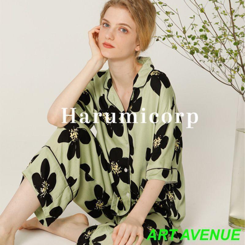 パジャマ レディース 春夏秋冬花柄 コットン半袖長袖襟を折るルームウェア セットアップ トップス 前開き ボトムス ロングパンツ 長ズボン 部屋着 寝間着 寝巻