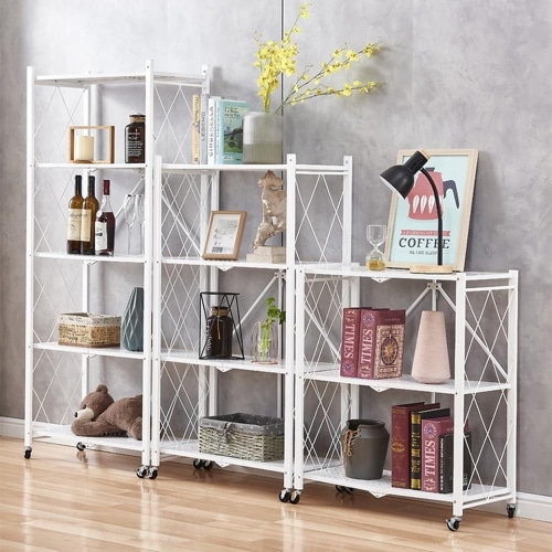 スチールラック 3段/4段/5段 全2色 折りたたみ 防サビ加工 キャスター付き 食器棚 キッチン オープンラック 移動便利 組立簡単 家庭用 業務用