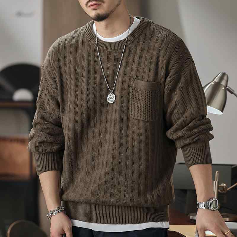メンズトップス アメリカ カジュアルン ヘビーウェイト レトロ ワークウェア ラウンドネック セーター 冬 大きいサイズ 太い ライン セーター