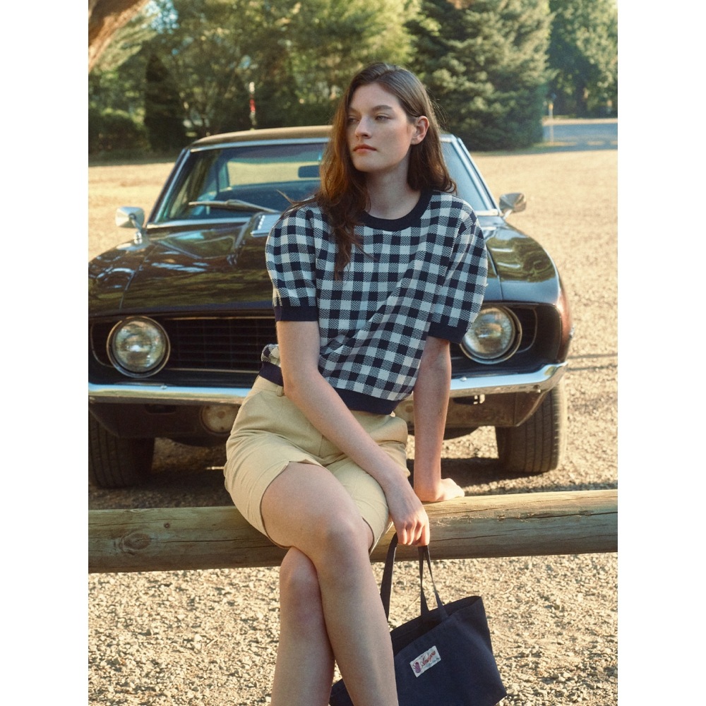 AND YOU パブロバパフスリーブチェックニット (ピンクギンガムチェックネイビーギンガムチェック)