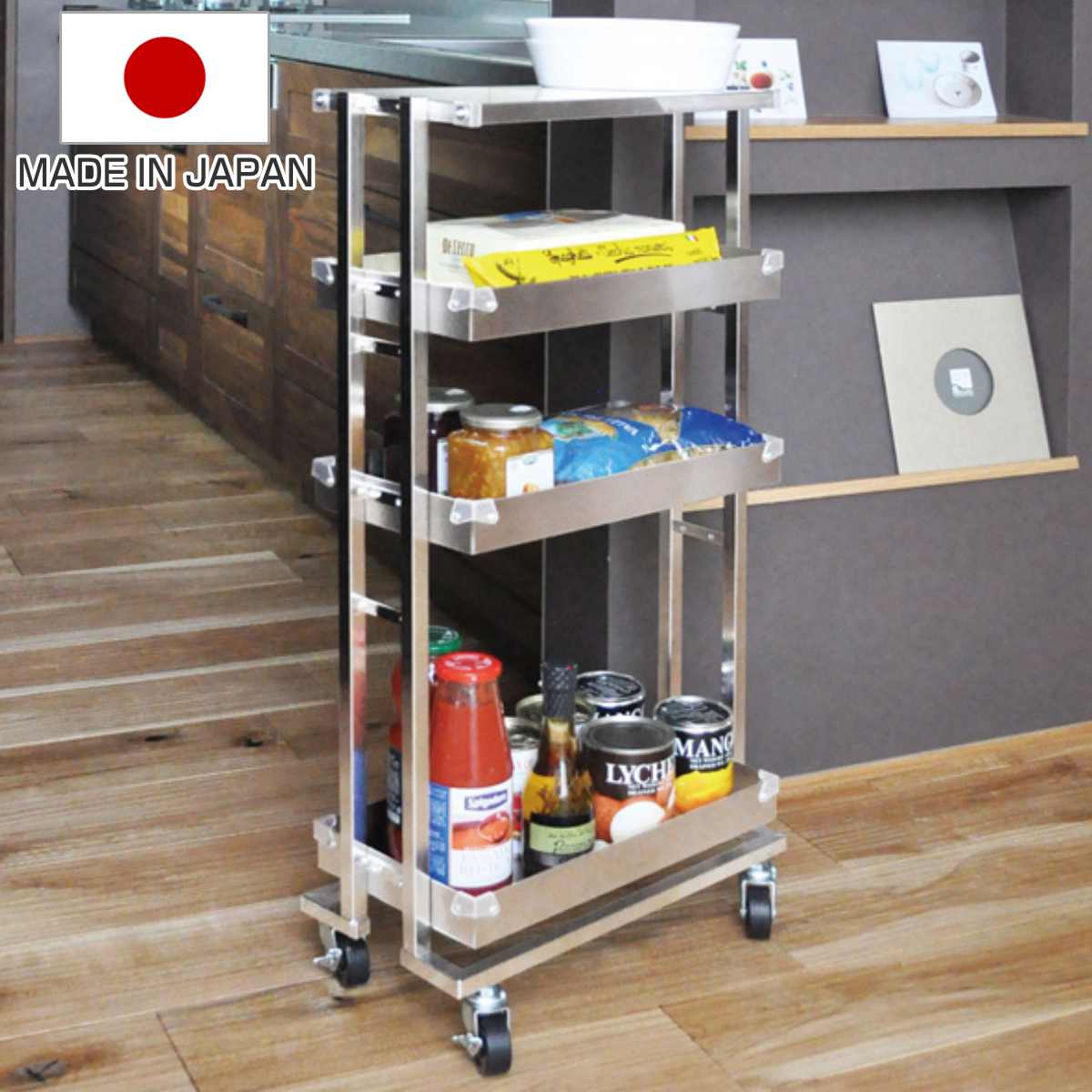 キッチンワゴン ステンレス コンパクトワゴン キャスター付き 天板付き キッチンストッカー キッチン ストッカー 日本製 隙間収納 収納 作業台ワゴン オールステンレス 洗面所 リビング 整理