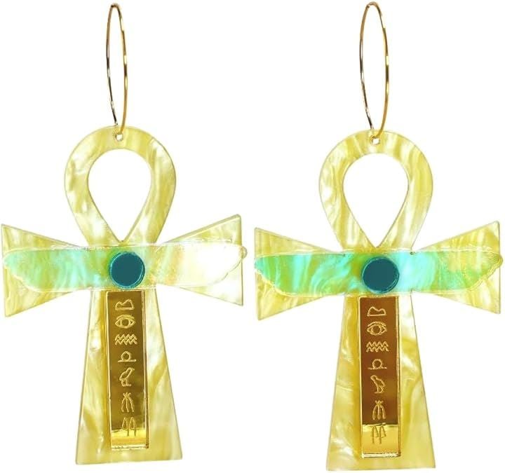 Egypt Ankh Cross Earrings エジプト アンク クロス 十字 ピアス セット オーストラリア メルボルン(緑金黄色)