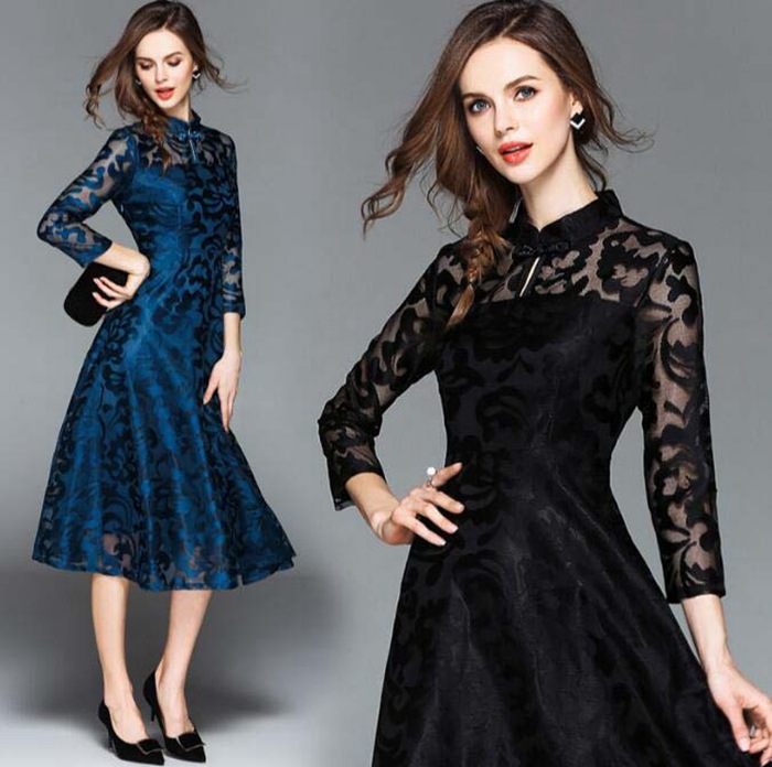 パーティードレス ミモレ丈 総レース 長袖 結婚式 ワンピース パーティードレス ロング 黒 赤　ブルー　大きいサイズXXXL　入園式 二次会 謝恩会 同窓会 服装 発表会 大人 フォーマル 20代