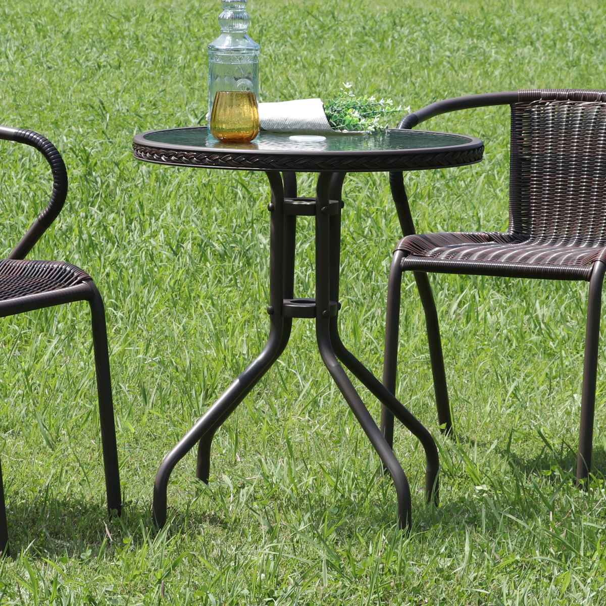 ガーデンテーブル ガラステーブル 直径60cm テーブル ガーデン 庭 丸型 ラウンド 机 ガラス天板 ガラス 強化ガラス パラソル ガーデンパラソル パラソル用ホール 穴