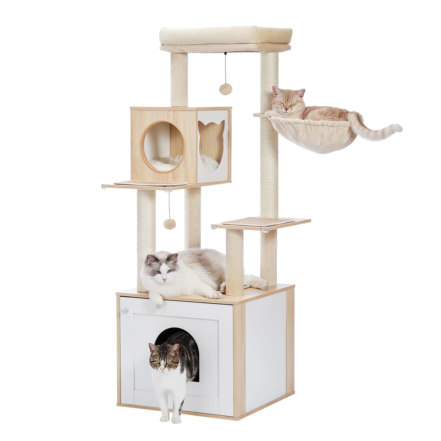 PETEPELA(ぺテぺラ) キャットタワー トイレ目隠し 木製 収納 多用家具 インテリア 猫タワー 多頭 安全対策 滑り止めマット付き 猫ハウス ベッド - 高さ150cm ベージュ