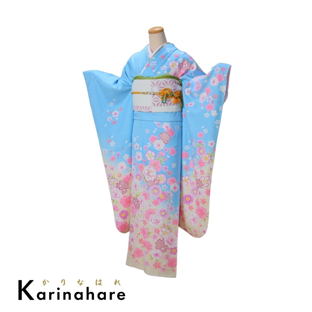 結婚式結納レンタル水色時に裾元クリーム色で淡く優しい振袖F595-108