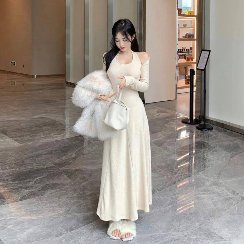 韓国デザイン感　上品セクシー秋冬ニットワンピース