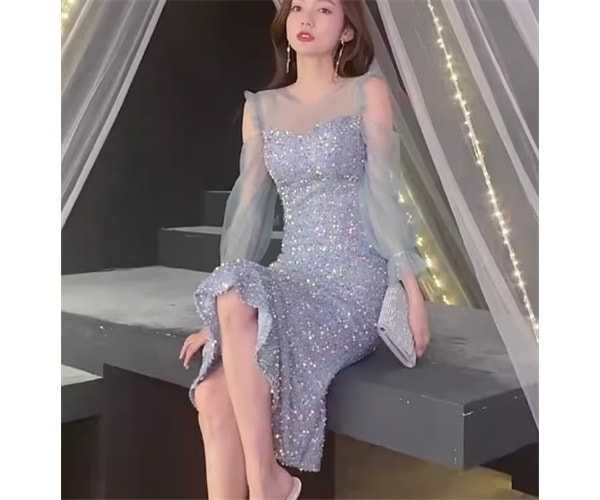 レディース ドレス イブニングドレス パーティードレス ミモレ 長袖 Uネック スリム 細身 マーメイド フェミニン フリル ファスナー 透け感 スパンコール 切り替えデザイン ドッキング ビーズ