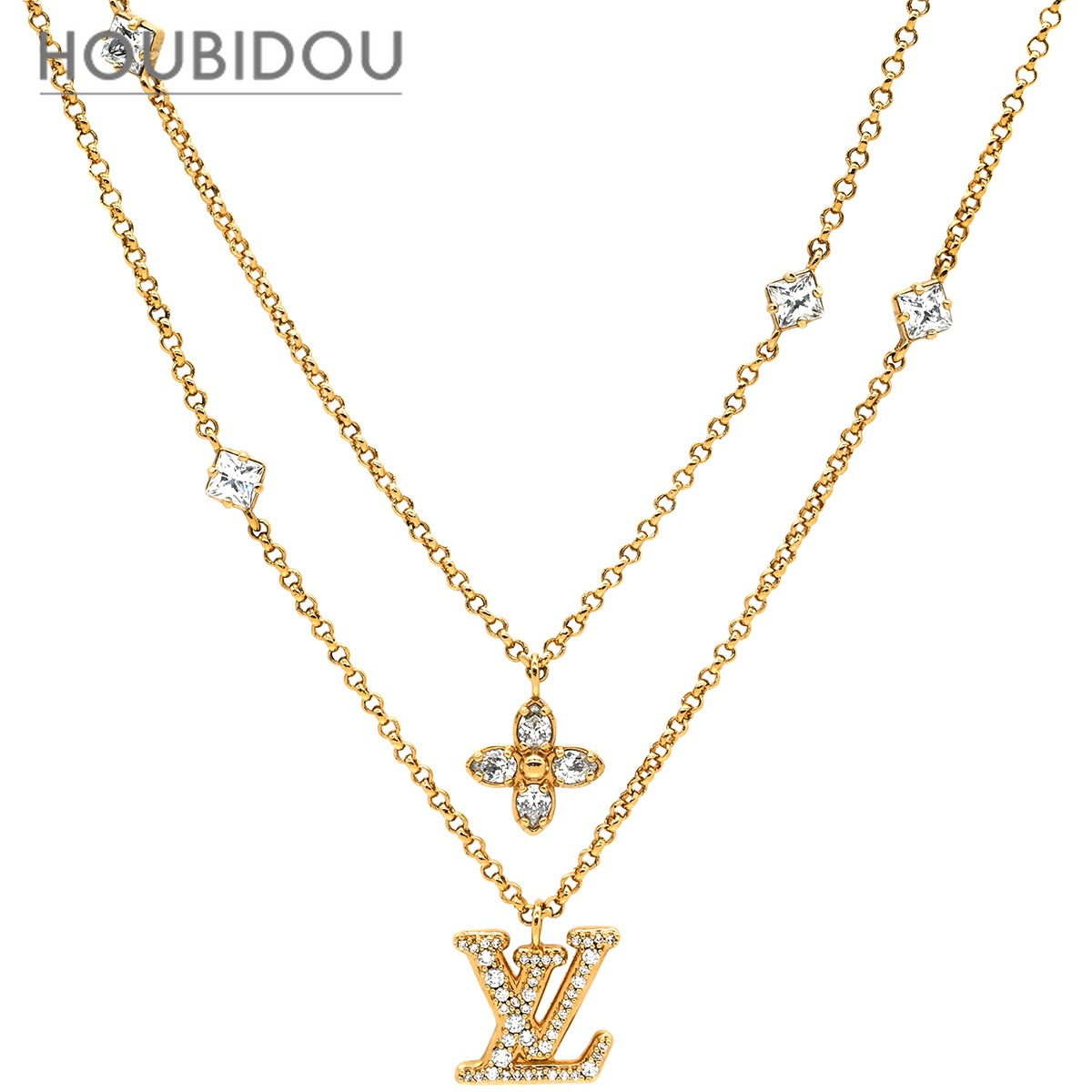 ルイヴィトン ネックレス レディ LV GP ストラス ラインストーン ゴールド 2連 ダブルチェーン モノグラムフラワー M01845 TE1215【中古】