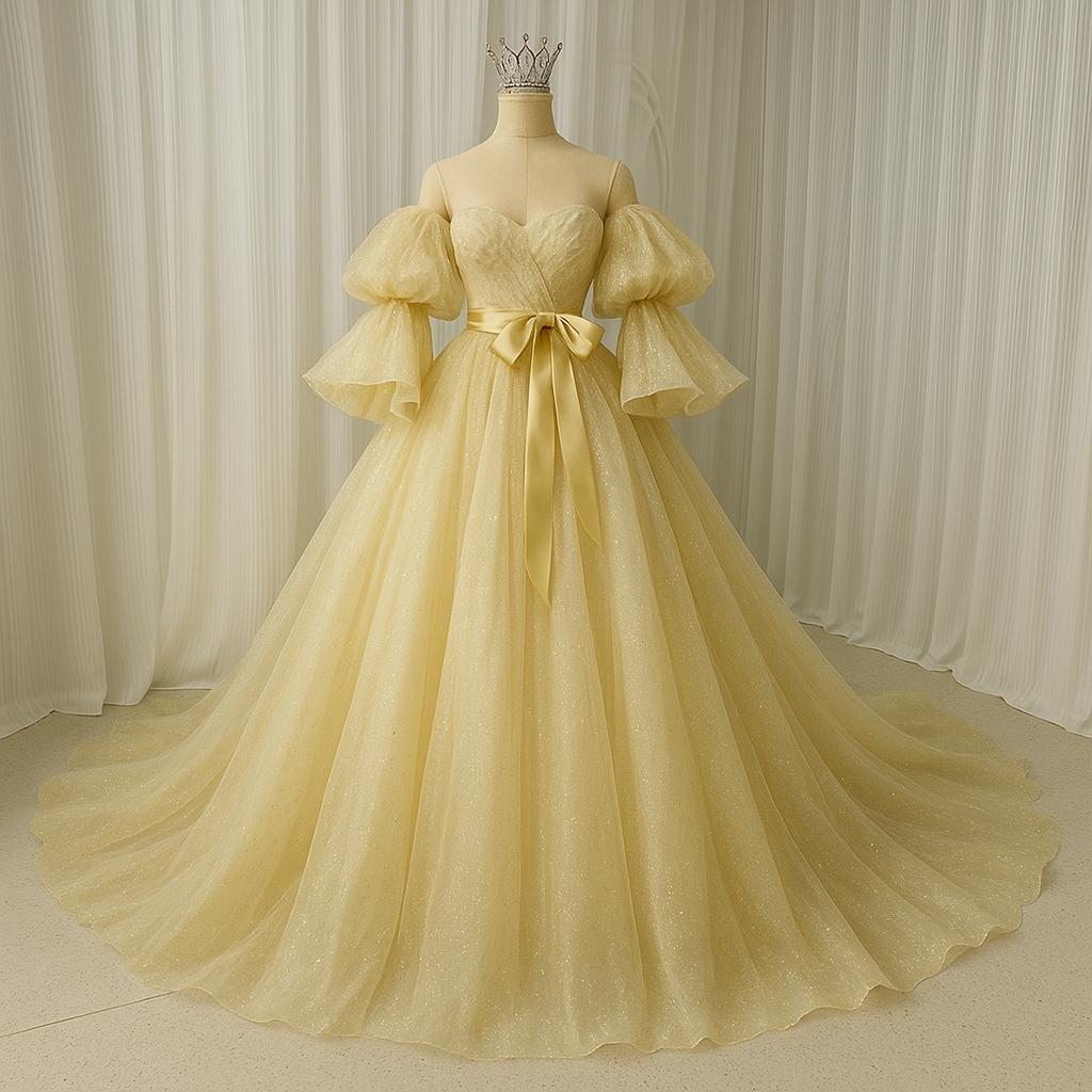 カラードレス パステルイエロー 姫袖 編み上げ サッシュベルト キラキラグリッターチュール 華やかなトレーン 目立つ 色直し 花嫁