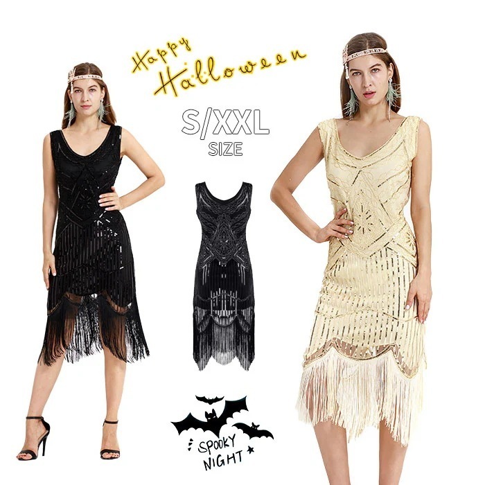 ハロウィン衣装 レディース パーティードレス　フリンジ ワンピースコスチューム衣装 仮装 万聖節 新年会 忘年会 仮装 舞台 ステージ コスチューム パーティー イベント 演出服　パーティー　黒　ブ今