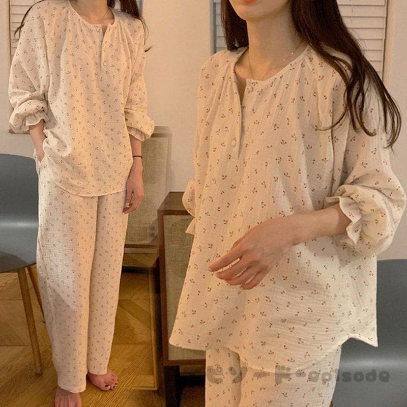 パジャマ ルームウェア レディース 春夏秋 長袖パジャマ チェリー柄ルームウェア 可愛い上下セット パジャマ 部屋着 寝巻き オシャレ ゆったり韓国風