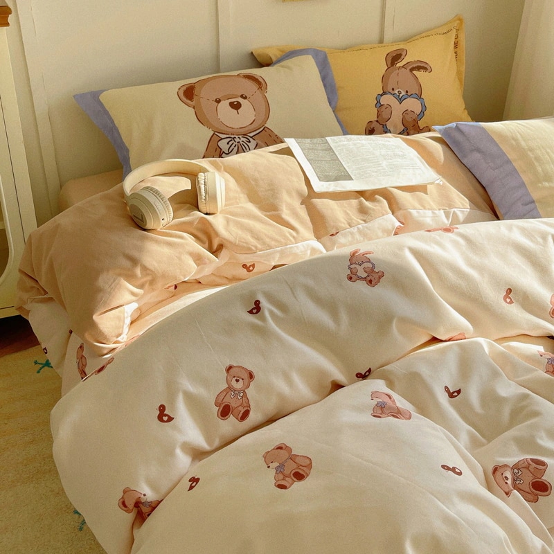 インズかわいいコミックスのクマの厚手手綿ベッド4点セット純綿毛キルトカバー秋冬ベッドシーツ3点セット