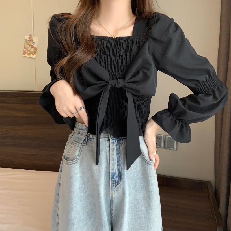 トップス シャツ ブラウス カットソー ブラウス 長袖 レディース パフスリーブ フェミニン リボン シンプル カジュアル 大人 おしゃれ 大人女子 キュート 存在感 とろみ感 無地 春 秋Tシャツ・カットソー