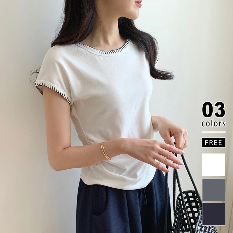 [迅速な配達][限時割!引!]ステッチTシャツ tシャツ レディース 半袖 ギャザー トップス フレンチスリーブ ストレッチTシャツ ステッチ カットソー 半袖tシャツ 半袖トップス クルーネック オ