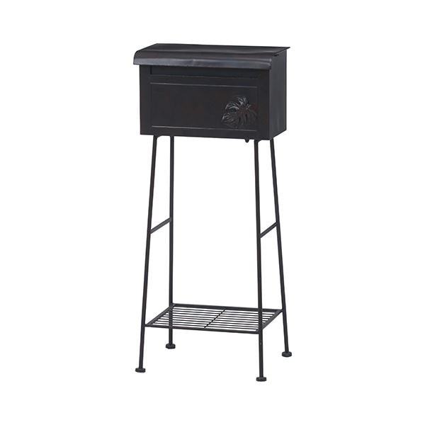 ガーデンポスト/郵便受け モンステラ 横型 ブラウン 幅425mm スチール 収納用棚板付き 玄関 エントランス 入口