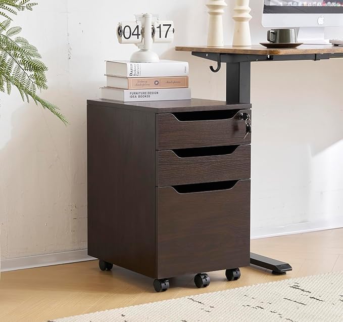 キャスター付き 3段オールロック オフィスワゴン 鍵付きキャビネット サイドワゴン 引き出し 袖机 大容量 デスクキャビネット ラック鍵付き 収納 便利 (ダークブラウン)