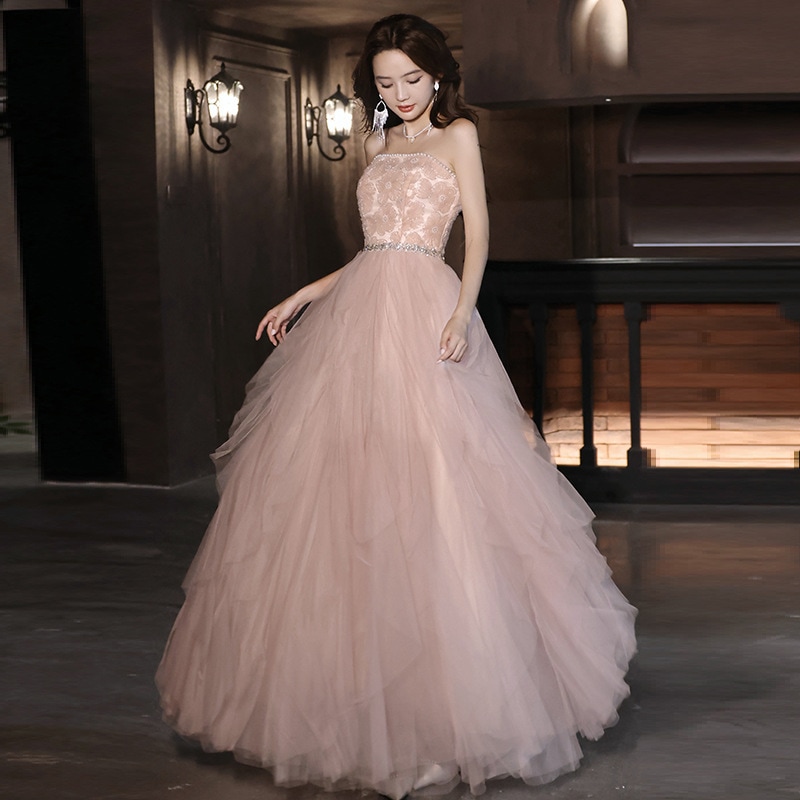 高級チューブトップフラワーピンクのイブニングドレス婚約トーストドレス年次総会誕生日パーティーホストパフォーマンスドレスロング