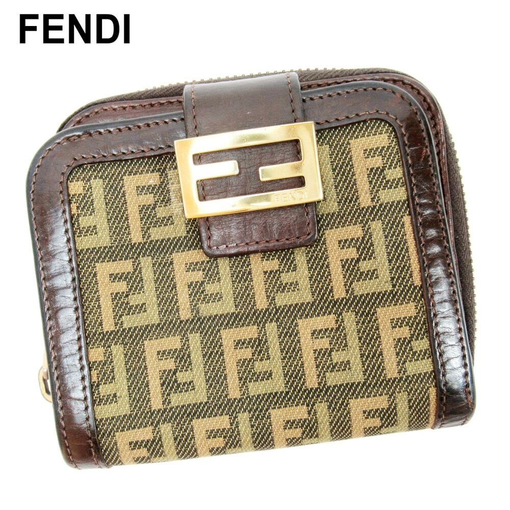 二つ折り 財布 ラウンドファスナー ズッキーノ ブラウン ベージュ 中古