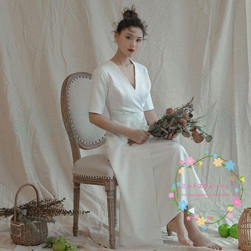 ウエディングドレス Aラインドレス リゾートドレス 袖あり 花嫁 二次会 ブライダル 結婚式 レディ