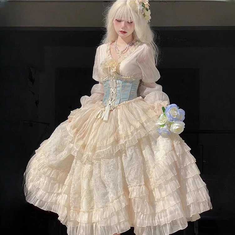 ロリータ スーツ ドレス ロングレースのワンピース お姫様のドレス 帯 リボン結び コスプレ