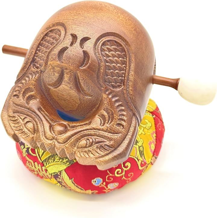 自宅で法要する方に最適 木魚 木製 バチと座布団セット 高級紫檀製x高耐久(ブラウン, 奥行15cm x 幅12.5cm x 高さ12.5cm)