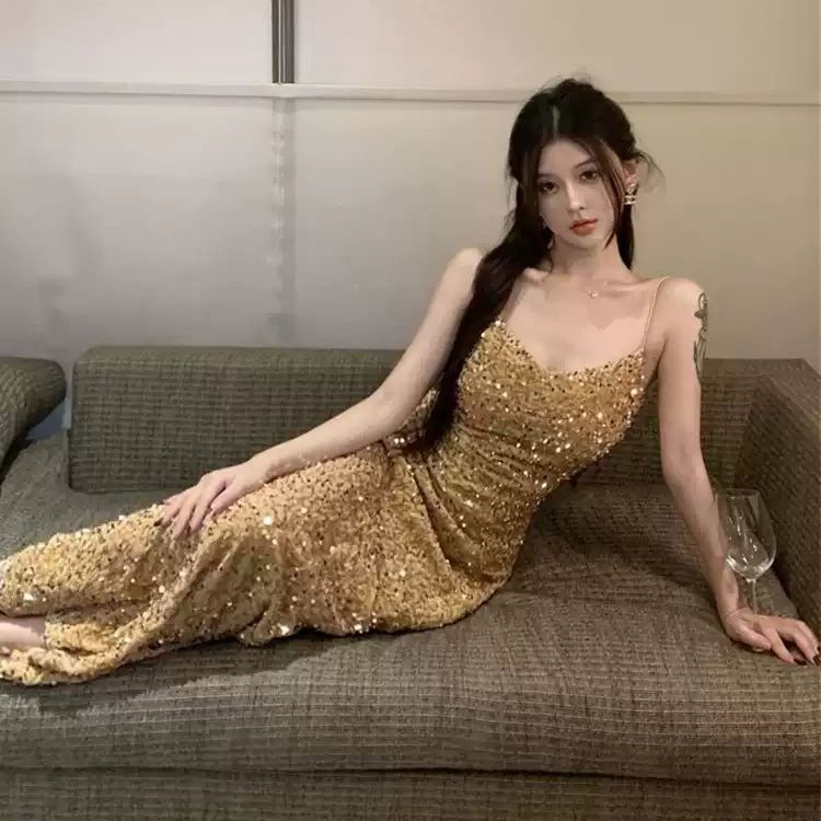 キラキラ キャミワンピース 4色 レディース ロングワンピース ノースリーブ マーメイド スパンコール ファスナー きれいめ エレガント 春 夏 謝恩会 発表会 ビジネス お出かけ パーティー