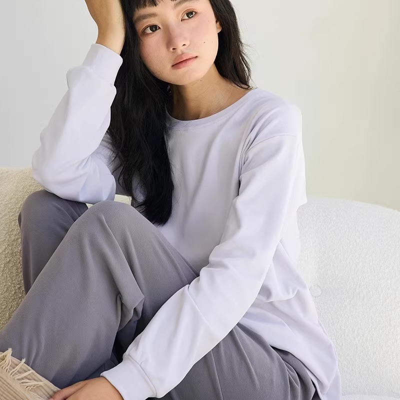 パジャマ ナイトウエア 上下セット パジャマ 長袖 ラウンドネック プルオーバー ミディアム丈 ロングパンツ ウエストゴム 可愛い かわいい 大人可愛い きれいめ シンプル 上品 おしゃれ