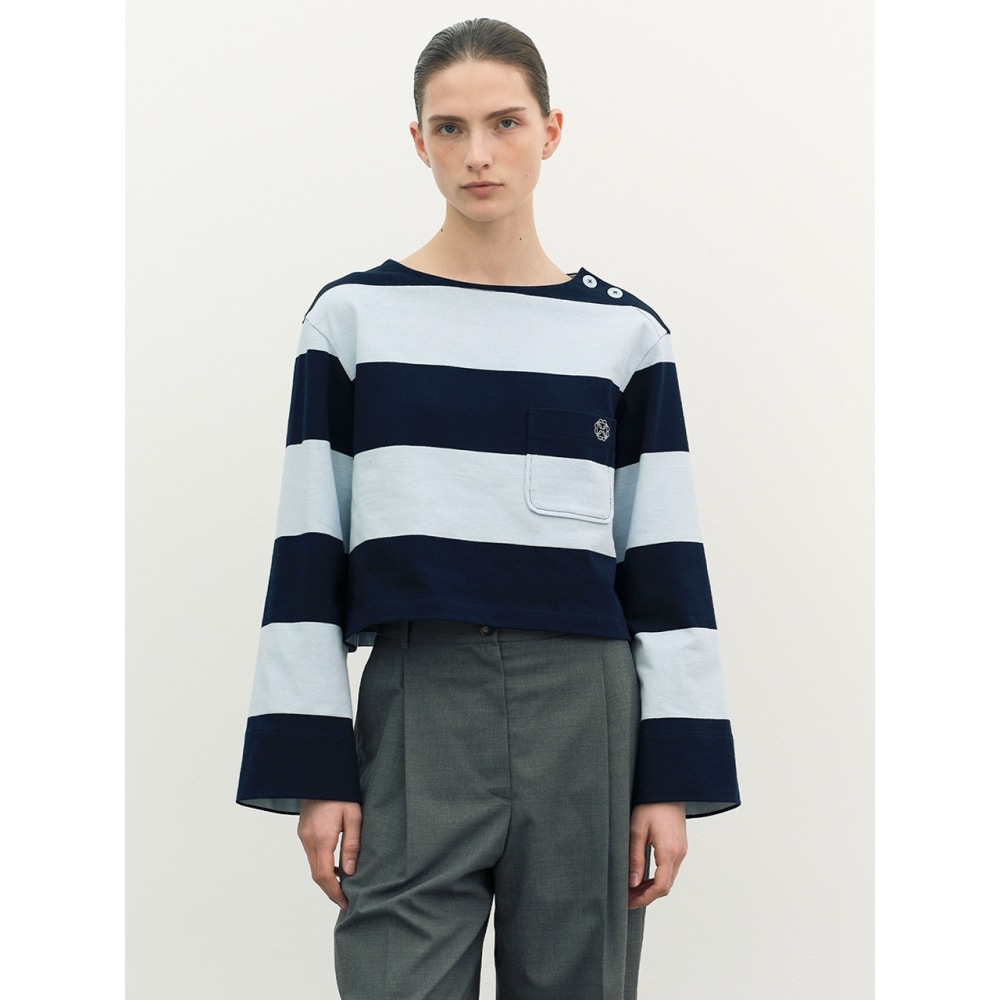 エーティーコーナーストライプボートネック T シャツブルー (AETS4A007B2)