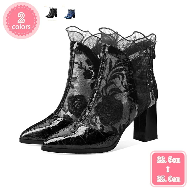 1000円OFFクーポン サンダル レディース メッシュサンダル チャンキー メッシュ ポインテッドトゥ 春秋 ジッパー ファッション 夏用ブーツ 花柄 レース 防滑 美脚 黒 履きやすい かわいい