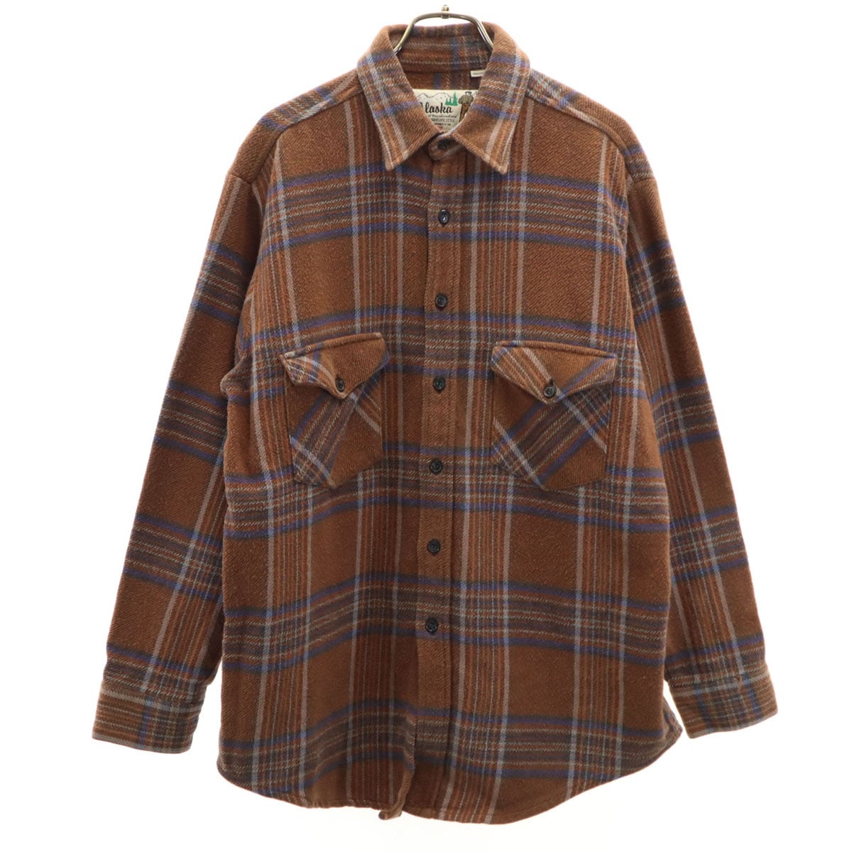 87年 80s ALASKA アラスカライン ポルトガル製 ヴィンテージ チェック柄 長袖 ネルシャツ M ブラウン メンズ 古着