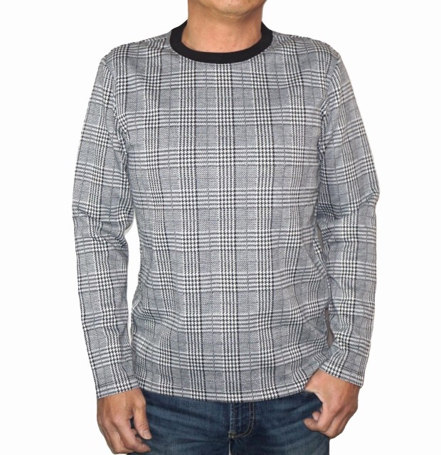 長袖Tシャツ 千鳥格子 黒白 49 チェック メンズ セレクション 4466-9802 春物 秋物 ブラック ホワイト ロンT