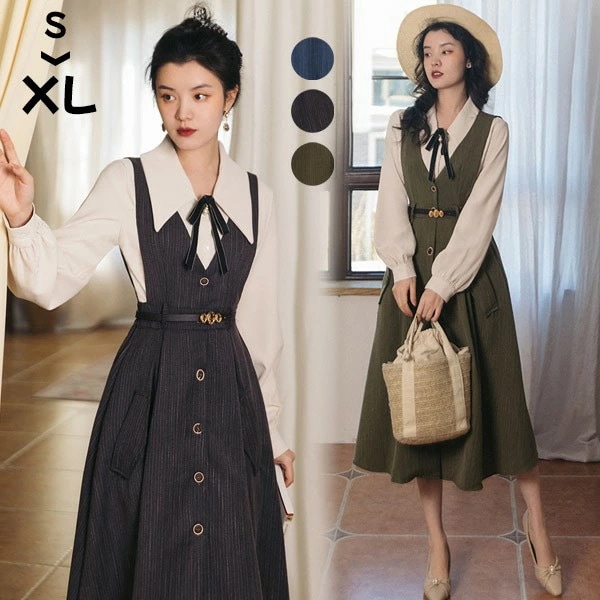 最終値下げジャンパースカート シャツ　ストライプ レディース ロング ジャンスカ ロリータ lolita クラロリ 日常 フレアスカート レトロロングスカート Aライト 可愛い 大人 春秋 エレガント