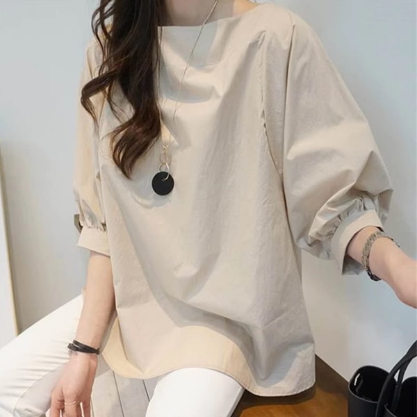 ゆったりデザイン ワンラインカラーパフスリーブ プルオーバーシャツ レディース トップス シャツ カットソー プルオーバー ミドル丈 長袖 パフスリーブ ラウンドネック 襟なし ノーカラー ワイド