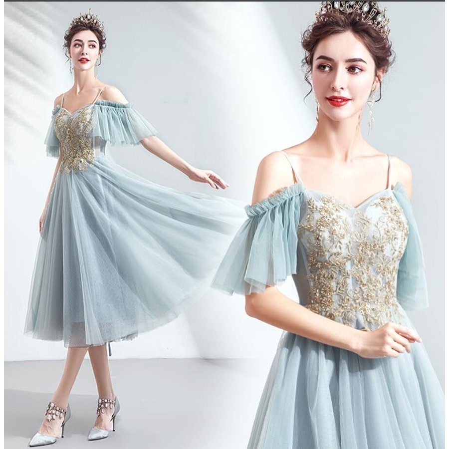 袖あり Vネック パーティードレス 上品 ウエディングドレス ミモレ丈ドレス 大人 高級感 演奏会