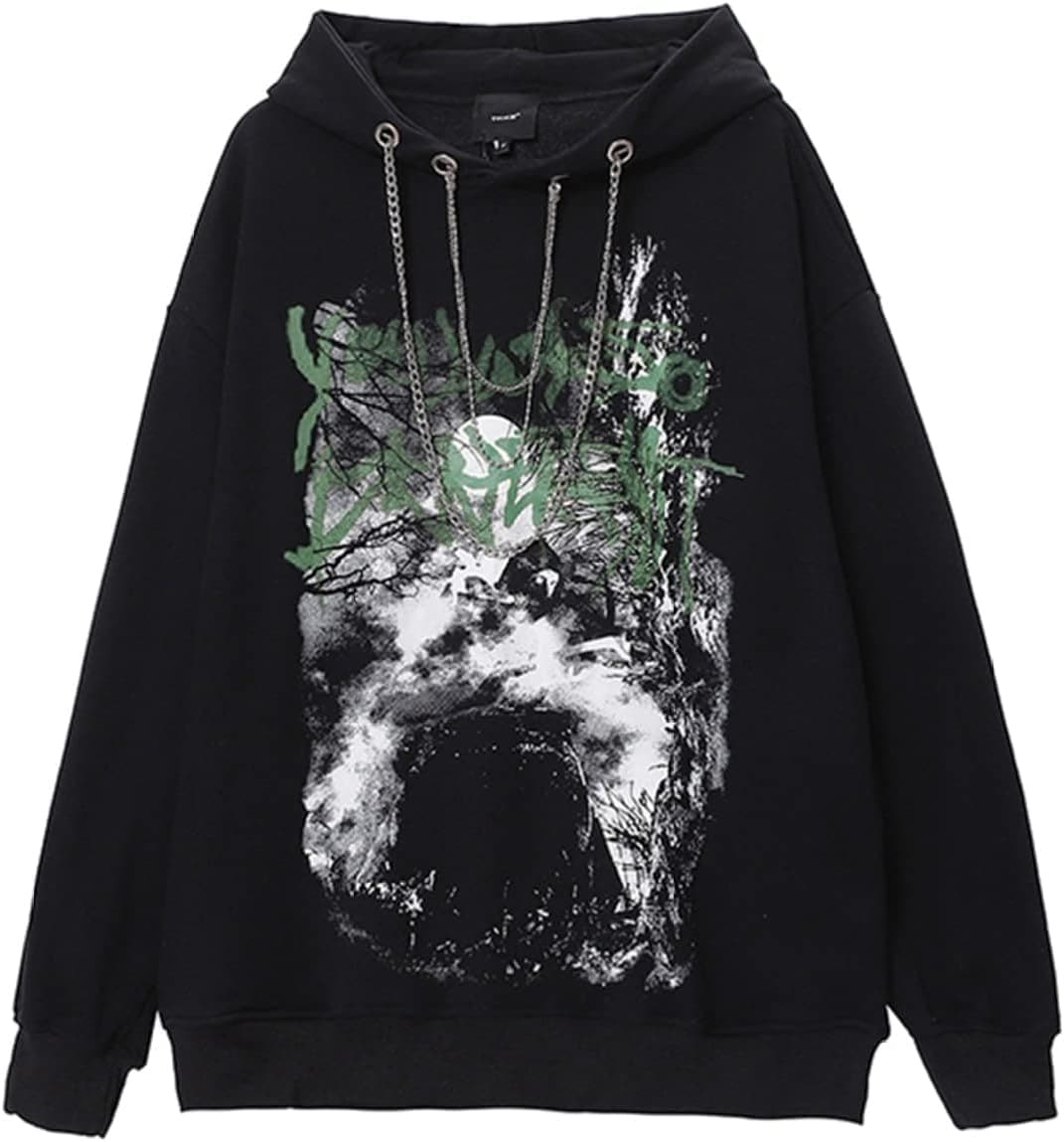 スウェット チェーン付き オーバーサイズ グラフィックプリントパーカー メンズ ビッグシルエット トップス 韓国系 男女兼用 hiphop 人気 アウターウエア インナー パンク系 ロックストリート