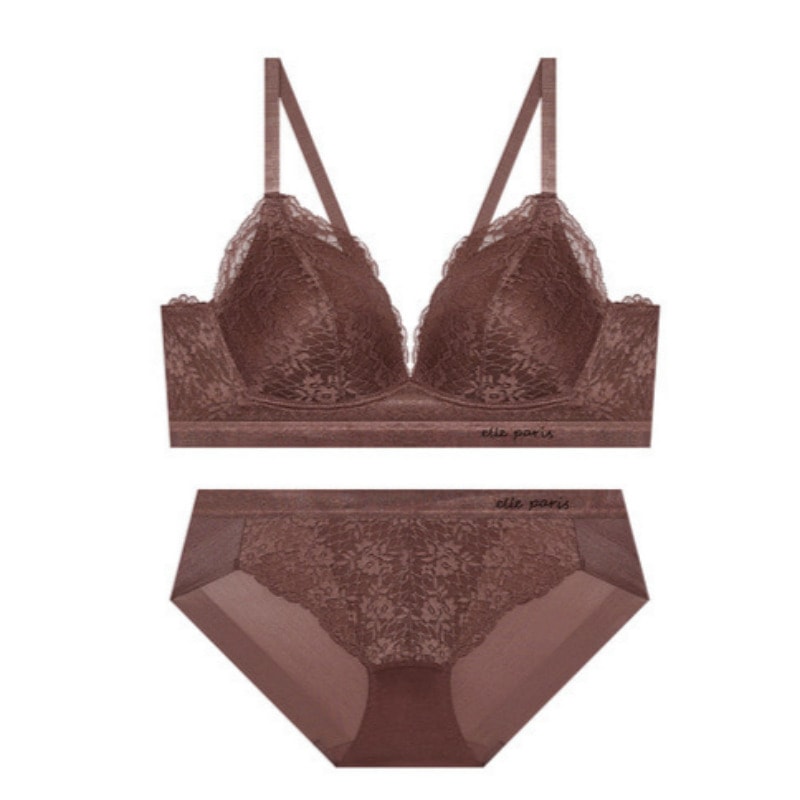 ソフトフィット ノーワイヤ レース ブラ パンツ セット - ブラウン 80B 100