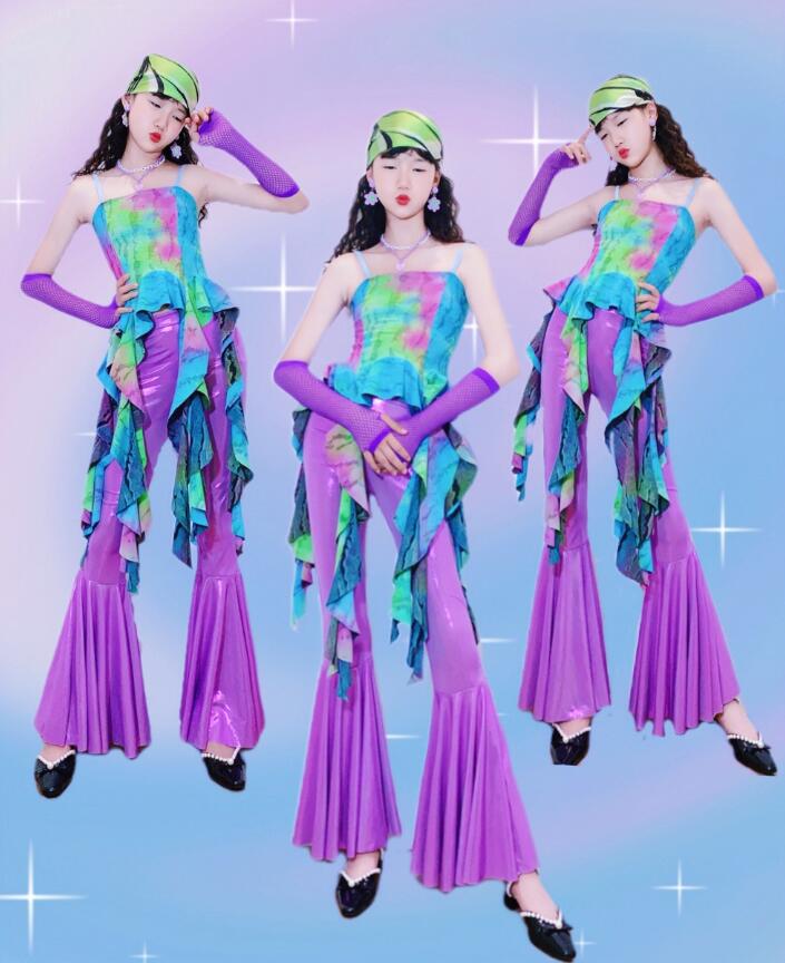 キッズ ダンス衣装 女の子 ダンスウェア ヒップホップ おしゃれ レトロ キャミソールトップス ラッパパンツ ダンス 団体服 演出服 hiphop jazz かわいい フ ステージ衣装