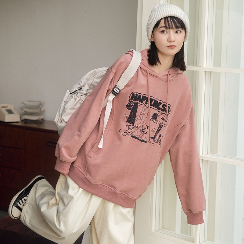 黄正自家製漫画刺繍ベルベットスウェットシャツレディースフード付き秋冬新作ルーズカジュアルカレッジスタイルパーカートップ