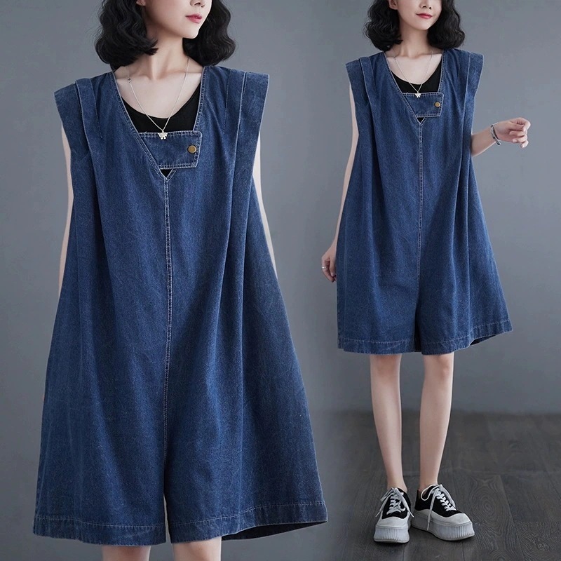 欧米高級感人気デニムパンツ女夏薄2024新デザイン感個性的ワイドパンツコーデ完成！サロペット 脚見せ ショートパンツ