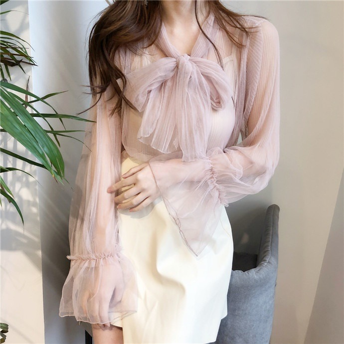 2289.リボンシースルーシフォンブラウス(ピンクベージュ) 2019 春夏 新作 大人 かわいい カジュアル OL 20代 30代 デート服 女子会 シフォン ブラウス 結婚式 可愛い シャ