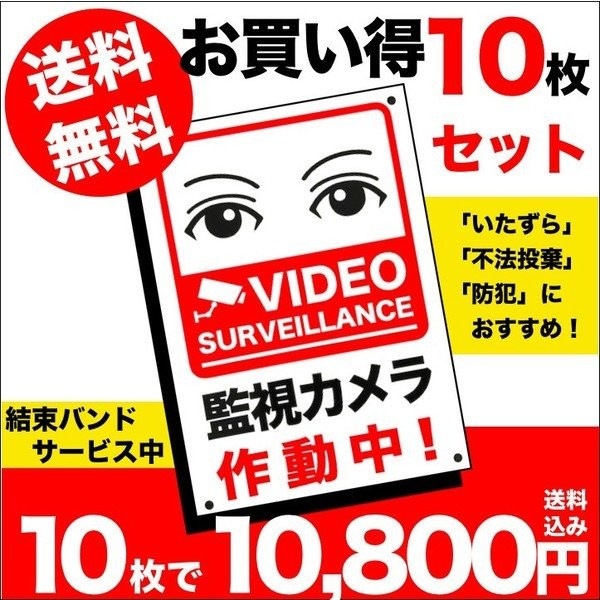 10枚セット 監視カメラ作動中 看板 35cm25cm 四隅穴アケ 結束バンド付 セキスイポリセーム
