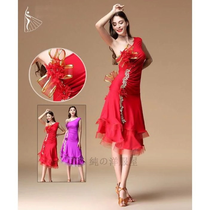 ラテンダンス衣装 ダンス ドレス ラテン ドレス ラテン 社交ダンス モダンダンス 練習着 レッスン着 競技着 ミモレ丈 裾フリル 花モチーフ おしゃれ ダンス ドレ30%までに制限