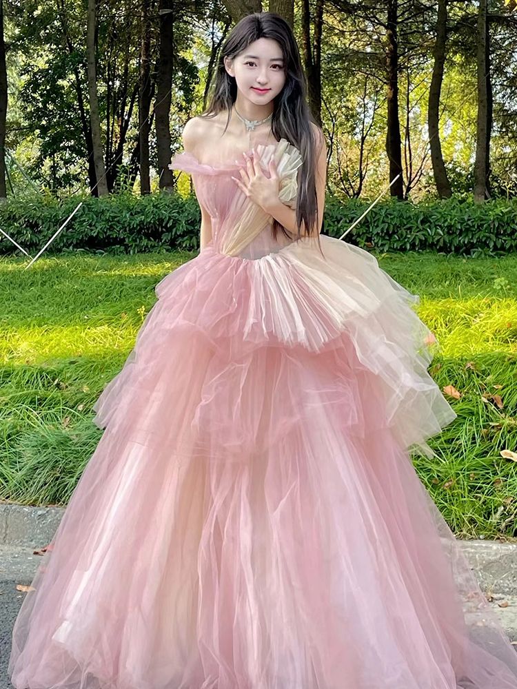ピンク風イブニングドレス女性声楽芸術試験チュチュスカート成人式ピアノ演奏衣装ホスト
