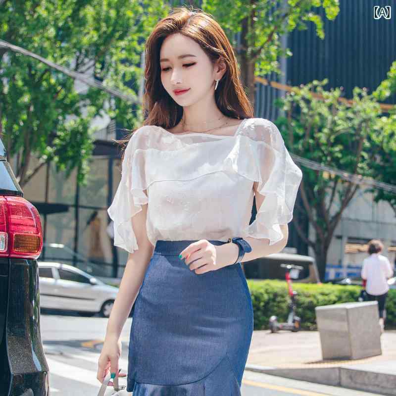 レディース 夏 スリム シャツ スタイリッシュ 半袖 シフォン シャツ かわいい レース 白 トップスス