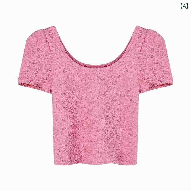 レディース トップス おしゃれ エレガント 通勤 オフィス カジュアル レディース トップス ピンク パフスリーブ Tシャツ 夏 フレンチ タイトフィット ショート 美しい バック スクエア ネック