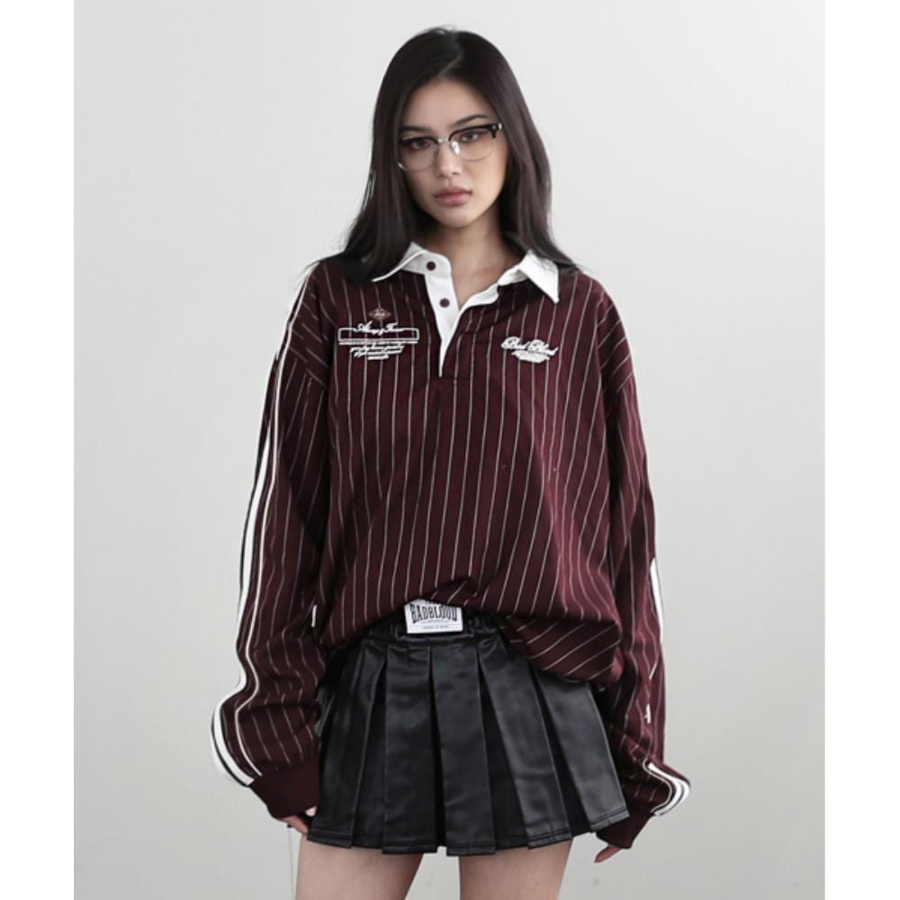 BADBLOOD Classic Logo Stripe Rugby Shirt Burgundy w-sht2