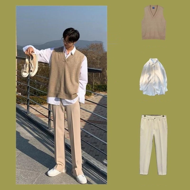 メンズ カレッジ風 カジュアル 3点セット オシャレ ニットベスト+シャツ+スーツパンツ 6,109円