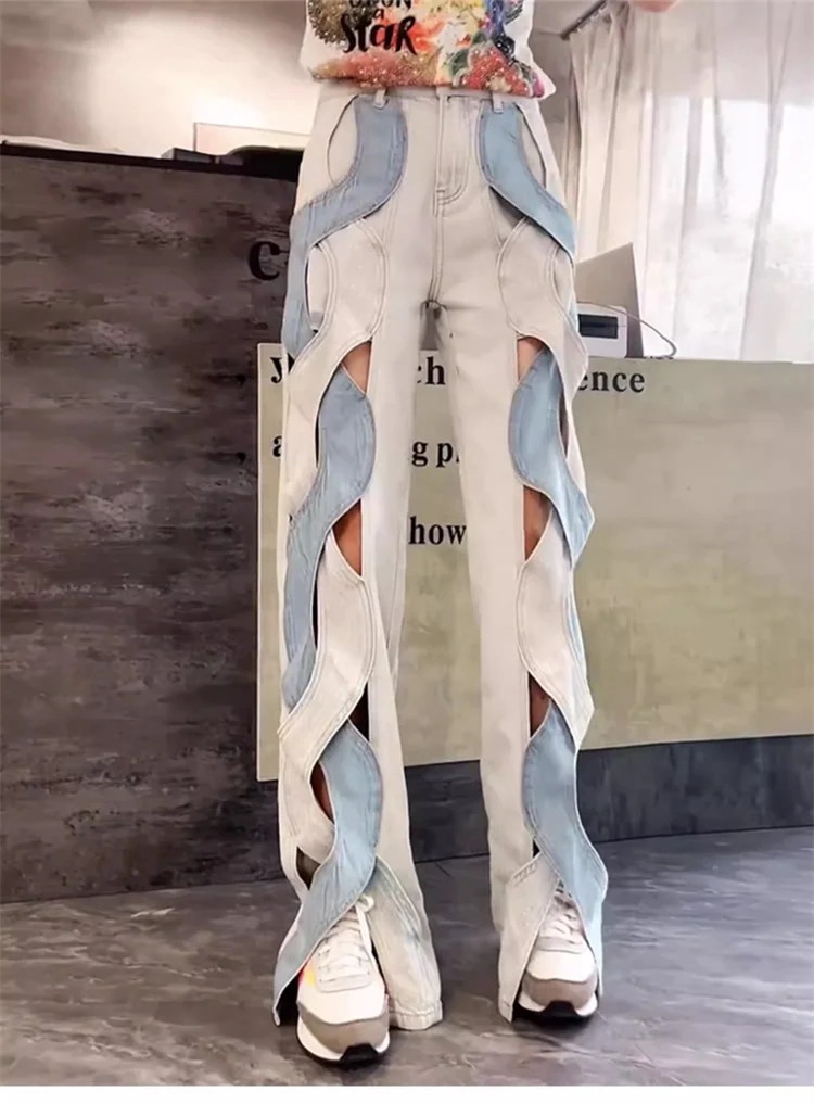 【OLAELLCIE】INSスタイル デニムパンツ ワイドパンツ 個性 結び目 抜き ホットスタンプ 麻花 縫付 ストレートパンツ ジーンズ ロングパンツ スリム スラックス